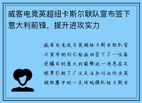 威客电竞英超纽卡斯尔联队宣布签下意大利前锋，提升进攻实力