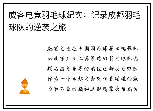 威客电竞羽毛球纪实：记录成都羽毛球队的逆袭之旅