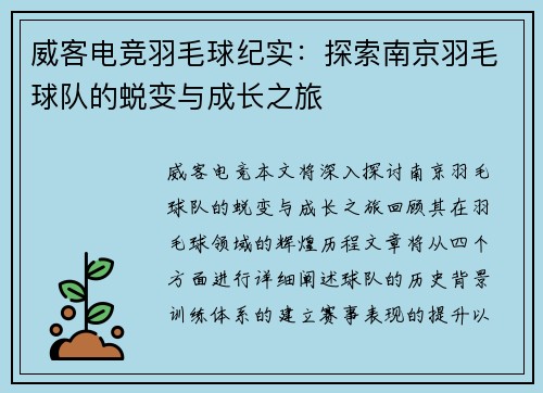 威客电竞羽毛球纪实：探索南京羽毛球队的蜕变与成长之旅