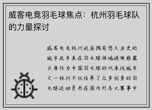 威客电竞羽毛球焦点：杭州羽毛球队的力量探讨