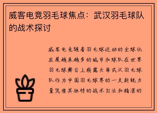 威客电竞羽毛球焦点：武汉羽毛球队的战术探讨