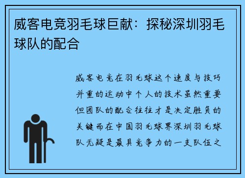 威客电竞羽毛球巨献：探秘深圳羽毛球队的配合
