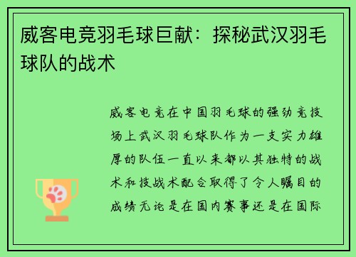 威客电竞羽毛球巨献：探秘武汉羽毛球队的战术