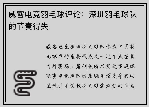 威客电竞羽毛球评论：深圳羽毛球队的节奏得失