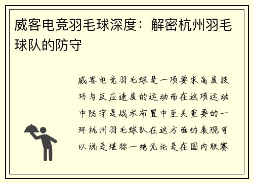 威客电竞羽毛球深度：解密杭州羽毛球队的防守