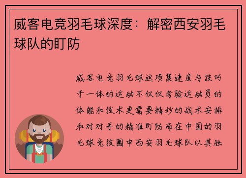 威客电竞羽毛球深度：解密西安羽毛球队的盯防