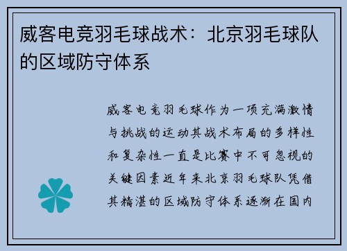 威客电竞羽毛球战术：北京羽毛球队的区域防守体系