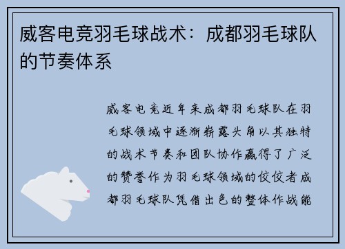 威客电竞羽毛球战术：成都羽毛球队的节奏体系
