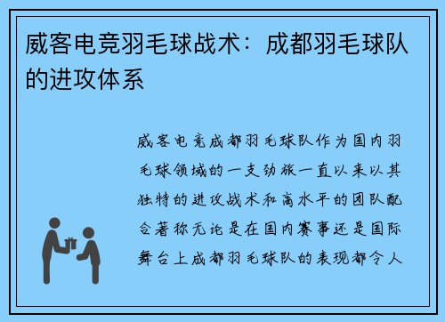 威客电竞羽毛球战术：成都羽毛球队的进攻体系