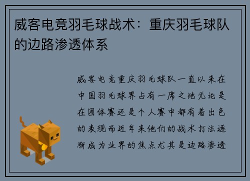威客电竞羽毛球战术：重庆羽毛球队的边路渗透体系