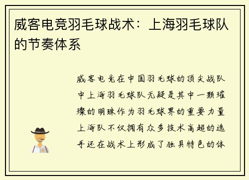 威客电竞羽毛球战术：上海羽毛球队的节奏体系