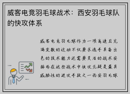 威客电竞羽毛球战术：西安羽毛球队的快攻体系