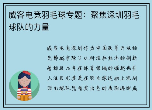 威客电竞羽毛球专题：聚焦深圳羽毛球队的力量