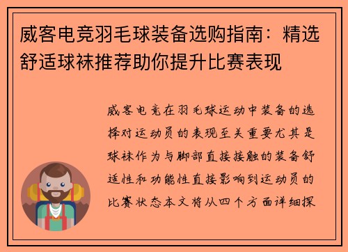 威客电竞羽毛球装备选购指南：精选舒适球袜推荐助你提升比赛表现
