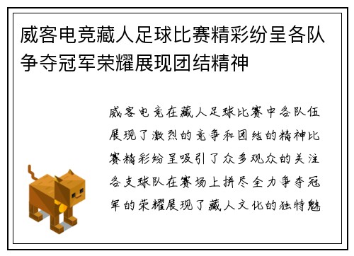 威客电竞藏人足球比赛精彩纷呈各队争夺冠军荣耀展现团结精神