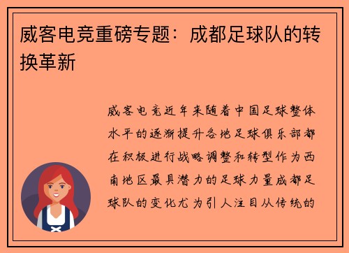 威客电竞重磅专题：成都足球队的转换革新