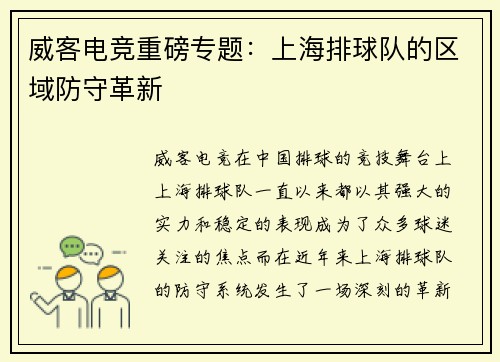威客电竞重磅专题：上海排球队的区域防守革新