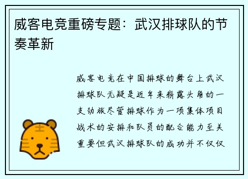 威客电竞重磅专题：武汉排球队的节奏革新