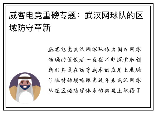 威客电竞重磅专题：武汉网球队的区域防守革新