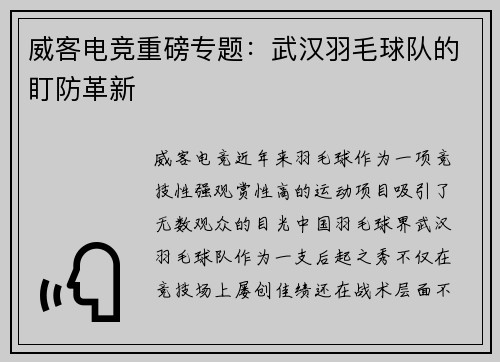 威客电竞重磅专题：武汉羽毛球队的盯防革新