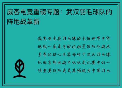 威客电竞重磅专题：武汉羽毛球队的阵地战革新