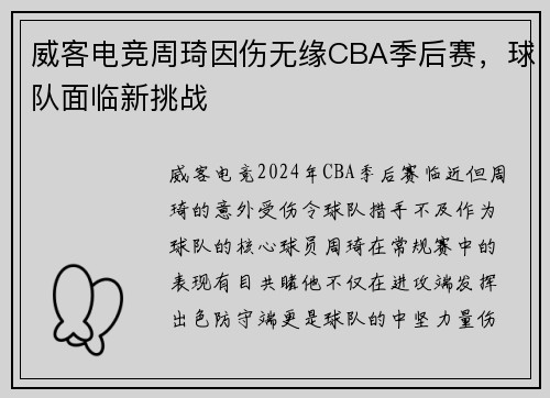 威客电竞周琦因伤无缘CBA季后赛，球队面临新挑战