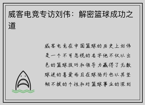 威客电竞专访刘伟：解密篮球成功之道