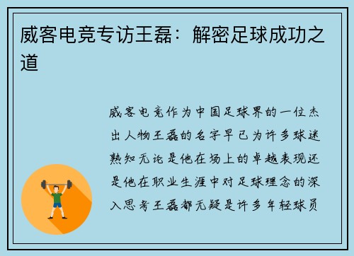威客电竞专访王磊：解密足球成功之道