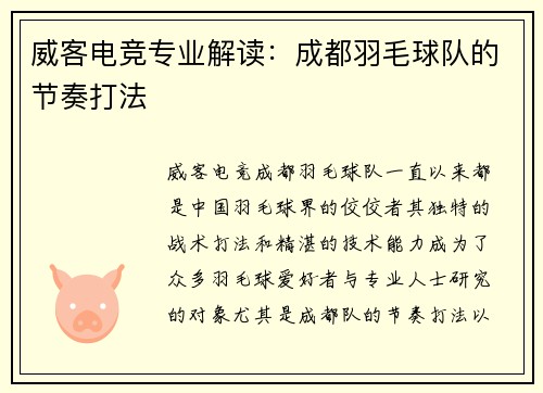 威客电竞专业解读：成都羽毛球队的节奏打法