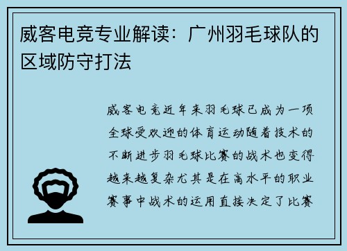 威客电竞专业解读：广州羽毛球队的区域防守打法
