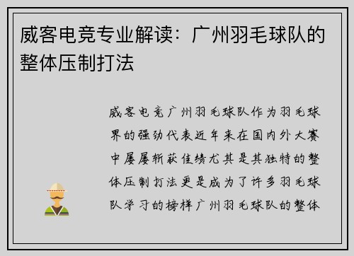 威客电竞专业解读：广州羽毛球队的整体压制打法