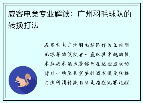 威客电竞专业解读：广州羽毛球队的转换打法