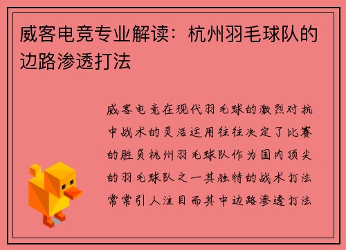 威客电竞专业解读：杭州羽毛球队的边路渗透打法