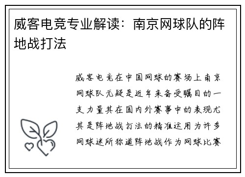 威客电竞专业解读：南京网球队的阵地战打法