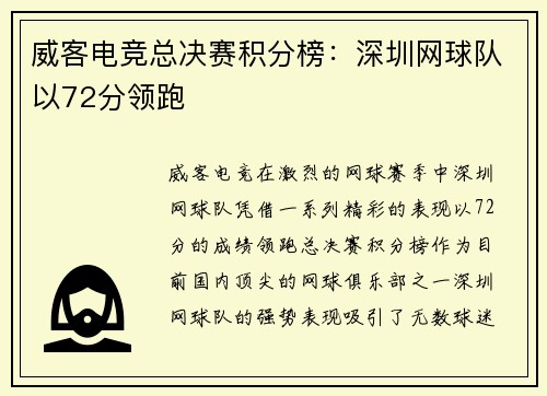 威客电竞总决赛积分榜：深圳网球队以72分领跑