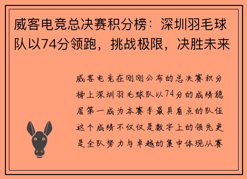 威客电竞总决赛积分榜：深圳羽毛球队以74分领跑，挑战极限，决胜未来