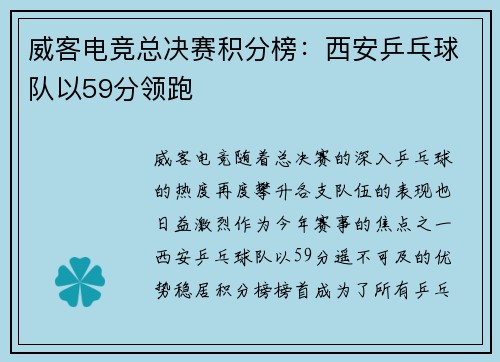 威客电竞总决赛积分榜：西安乒乓球队以59分领跑