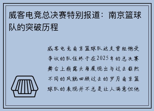 威客电竞总决赛特别报道：南京篮球队的突破历程