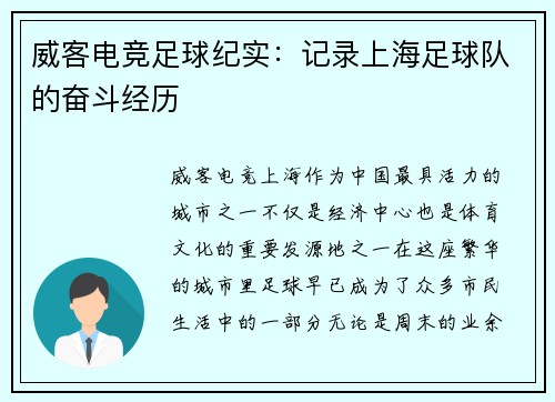威客电竞足球纪实：记录上海足球队的奋斗经历