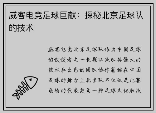 威客电竞足球巨献：探秘北京足球队的技术