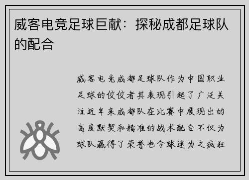 威客电竞足球巨献：探秘成都足球队的配合