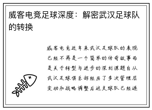 威客电竞足球深度：解密武汉足球队的转换