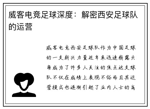 威客电竞足球深度：解密西安足球队的运营