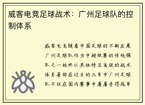 威客电竞足球战术：广州足球队的控制体系
