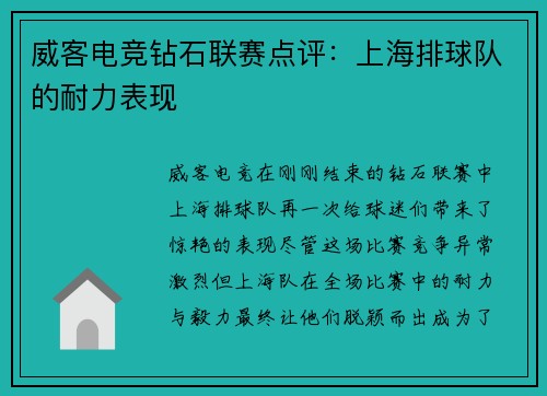 威客电竞钻石联赛点评：上海排球队的耐力表现