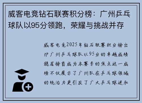 威客电竞钻石联赛积分榜：广州乒乓球队以95分领跑，荣耀与挑战并存