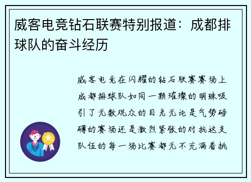 威客电竞钻石联赛特别报道：成都排球队的奋斗经历