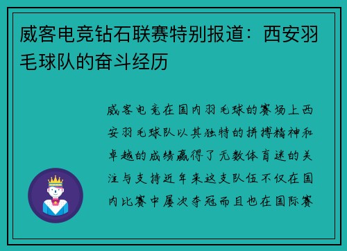威客电竞钻石联赛特别报道：西安羽毛球队的奋斗经历