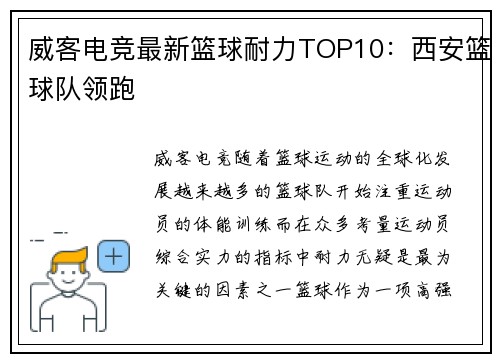 威客电竞最新篮球耐力TOP10：西安篮球队领跑