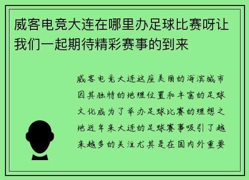 威客电竞大连在哪里办足球比赛呀让我们一起期待精彩赛事的到来